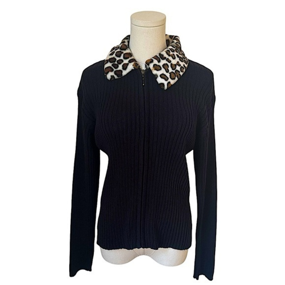 Giorgio Di Sant Angelo ✘ Leopard Print Collar Ramie Ribbed Zip Cardigan Sweater